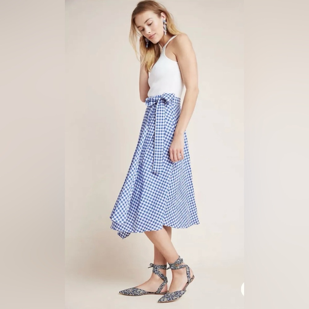 ANTHROPOLOGIE x Maeve Women's Glenna Gingham Midi Skirt Wrap Blue/White Size 4